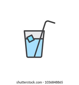 Ice tea glass filled outline icon, line vector sign, linear colorful pictogram isolated on white. Freshly drink with ice cube and straw symbol, logo illustration. Pixel perfect vector graphics