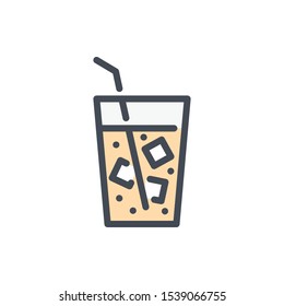 Ice tea glass with straw color line icon. Glass of cold coffee with ice cubes vector outline colorful sign.