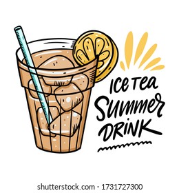 Ice tea hand drawn art vector illustration. Summer drink cocktail.