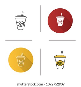 Ice tea icon. Detox drink. Disposable tea cup with straw. Flat design, linear and color styles. Isolated vector illustrations