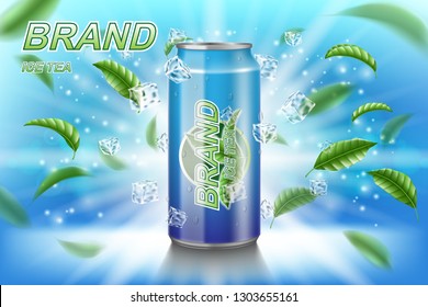 Ice tea label ads with green leaves on blue background. Package design tea drink with ice cubes for poster or banner. Realistic aluminium can mock up. Vector 3d illustration