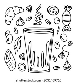 Ice tea or latte collection in hand drawn style, tea, coffee, macchiato in different shapes and forms in black and white color isolated on white background. Vector illustration.