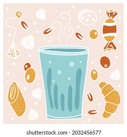 Té de hielo o de café con leche, té, café, macchiato de diferentes formas y formas en tonos pastel aislados de fondo blanco. Ilustración vectorial.