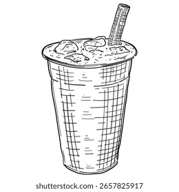 ice tea in a plastic cup vector sketch line art hand drawn illustration