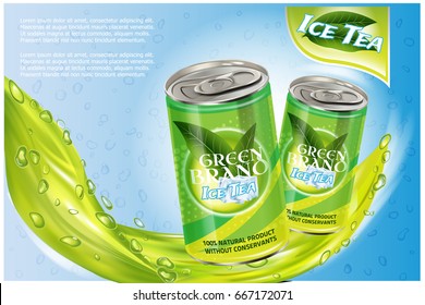 Ice tea products ad. Vector 3d illustration. Soft drink aluminium can template design. Green tea bottle advertisement poster layout.