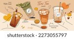 Ice tea summer drinks special promotions design. Thai tea, matcha green tea, fresh yummy drinks, bubble pearl milk tea, soft drinks with logo and doodle style for advertisement, banner, poster.