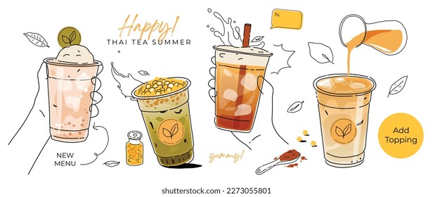 Ice tea summer drinks special promotions design. Thai tea, matcha green tea, fresh yummy drinks, bubble pearl milk tea, soft drinks with topping. Doodle style for advertisement, banner, poster.