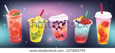 Ice tea summer drinks special promotions design. Fresh yummy drinks, beverage, soft drinks, sparkling lemon juice with topping on galaxy background. Doodle style for advertisement, banner, poster.