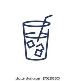 Ice tea thin line icon. Glass with straw, ice cube, cold drink isolated outline sign. Breakfast drink or cafe concept. Vector illustration symbol element for web design and apps