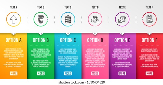 Ice tea, Upload and Share call icons simple set. Checkbox, Shopping bag and Reject checklist signs. Soda beverage, Load arrowhead. Business set. Infographic template. 6 steps timeline. Vector