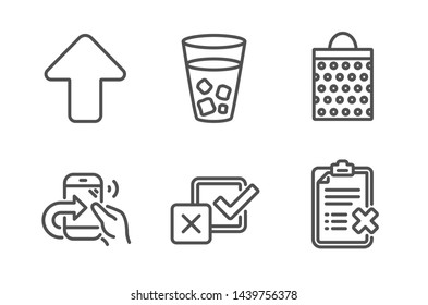 Ice tea, Upload and Share call icons simple set. Checkbox, Shopping bag and Reject checklist signs. Soda beverage, Load arrowhead. Business set. Line ice tea icon. Editable stroke. Vector