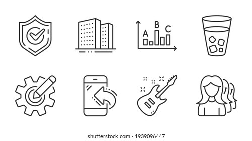 Ice tea, Women headhunting and Cogwheel icons set. Survey results, Buildings and Incoming call signs. Vector