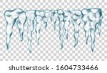 Ice texture. Icicles isolated on transparent background. Seamless icicles line border. Vector design element.