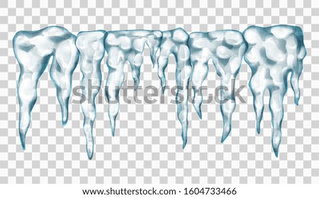 Ice texture. Icicles isolated on transparent background. Seamless icicles line border. Vector design element.