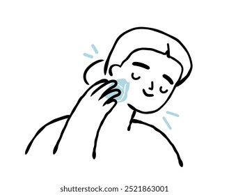 Conceito de terapia com gelo. Mulher usando cubo de gelo para cuidar da pele. Ilustração de rabiscar de linha texturizada.