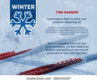 Ice tire treads. Car wheel. Vector automotive element. Grunge tyre tracks background for poster, digital banner, flyer, booklet, brochure, web design. Editable graphic image in blue and white colors