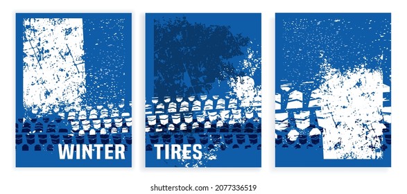 Ice tire treads. Car wheel. Vector automotive element. Grunge tyre tracks background for poster; digital banner; flyer; booklet; brochure; web design. Editable graphic image in blue and white colors