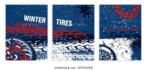 Ice tire treads. Car wheel. Vector automotive element. Grunge tyre tracks background for poster; digital banner; flyer; booklet; brochure; web design. Editable graphic image in blue, red, white colors