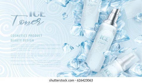 Ice Toner Ads With Blue Ice Cubes. Silver Spray Bottle, Water Drops, Cool, Refresh, Snow. Drawn Elements, 3d Vector Illustration, Realistic Cosmetics Product, White Waves Background, Sparkling Effect.