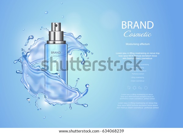 蓝色背景上的冰碳粉广告 喷雾瓶水滴元素 逼真化妆品矢量插画库存矢量图 免版税