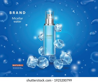 Ice toner with ice cubes. Cooling micellar water refreshing spray bottle packaging ad on blue background with bubbles. Realistic face toner product design. 3d vector illustration.