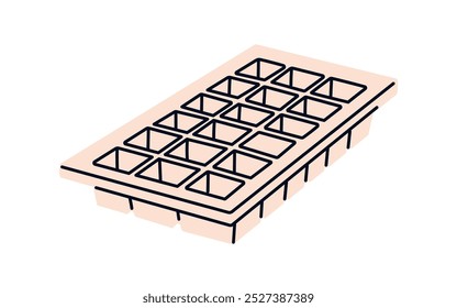 Ice tray with empty block holes. Plastic container, kitchen accessory for freezing and cooling water. Icebox, icecube mold. Kitchen item. Flat vector illustration isolated on white background