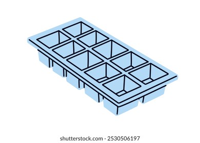 Bandeja de hielo, contenedor de congelación vacío. Cuadrado, molde en forma de cubo, caja de hielo con huecos, agujeros para hacer cubitos de hielo, bloques de hielo. Caja de plástico, herramienta de congelador. Ilustración vectorial plana aislada sobre fondo blanco