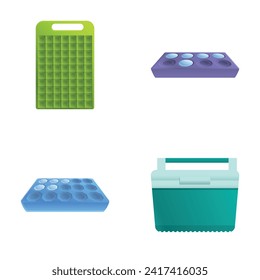Ice tray icons set cartoon vector. Various colorful ice mold. Item for cold drink and cocktail