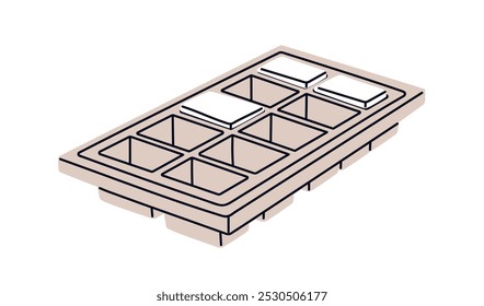 Ice tray, mold. Cold frozen icy blocks in half empty silicon container, form. Plastic box, freezer accessory, icebox for making icecubes, cooling. Flat vector illustration isolated on white background