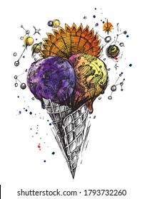 Ice. Two ice cream cone balls are similar to two planets