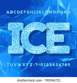 Ice typeface. Alphabet font. Letters and numbers. Abstract geometric blue background. Stock vector typeset for your headers or any typography design.