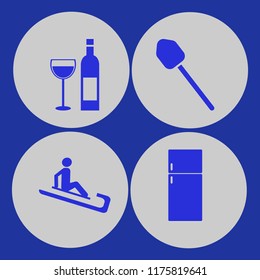 ice vector icons set. with shovel, bottle glass, man riding sleigh and fridge in set