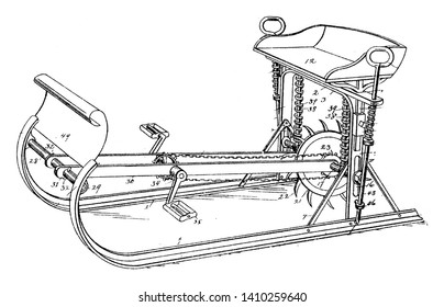 Ice Velocipede is a sensible contrivance literally skating by means of machinery, vintage line drawing or engraving illustration.