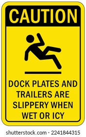 Ice warning sign and labels dock plate and trailers are slippery when wet or icy