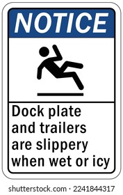 Ice warning sign and labels dock plate and trailers are slippery when wet or icy