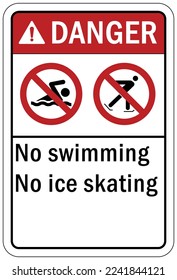 Ice warning sign and labels no swimming no ice skating