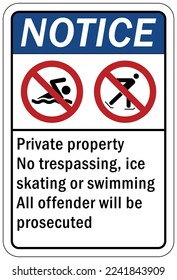 Ice warning sign and labels private property no trespassing ice skating or swimming, all offender will be prosecuted