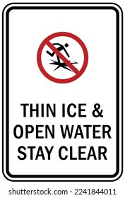 Ice warning sign and labels thin ice and open water stay clear
