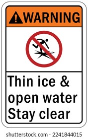 Ice warning sign and labels thin ice and open water stay clear