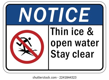 Ice warning sign and labels thin ice and open water stay clear