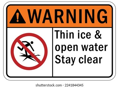 Ice warning sign and labels thin ice and open water stay clear