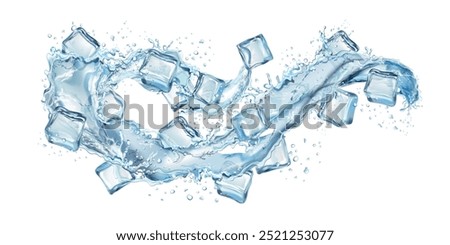 Ice water flow. Frozen cubes and liquid stream waves splash, solid crystal piece aqua energy clear drip freeze cascade cool iced splashes motion realistic exact vector illustration original artwork Stock photo © 