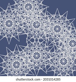 Ice White Folk Silver Frost Cold Indigo Stars Pattern. Light Vintage Mystery Pastel Dark Grey Luxury Winter Background. Mandala Chaotic Blue Lace Ornamental Complicated Print Calm Design Pic.
