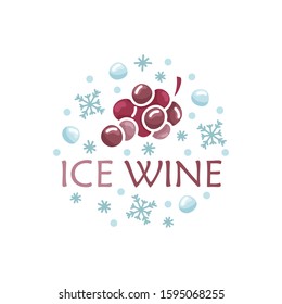 Ice wine. Flat round poster. Cartoon grapes with snowflakes, snowballs and text. Hand drawn vector drink concept. Color illustration for red wine design. Isolated logo or sticker on white background