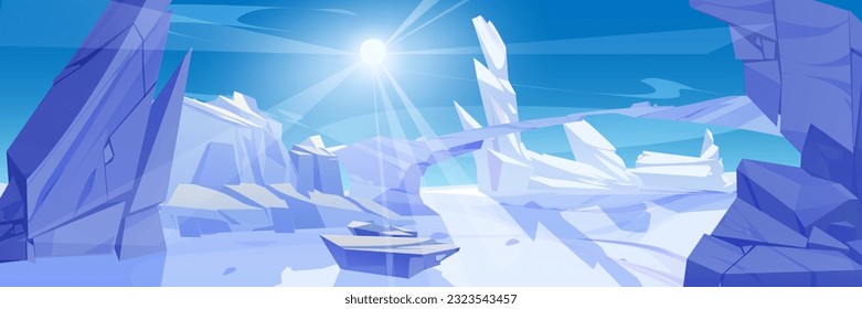 Ice winter landscape with snow vector background. frozen mountain and snowy scenery frost scene for ski ad. North pole or iceland wild desert with rocky antarctic bridge cartoon day illustration. svg