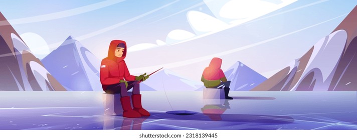 Hombre de invierno helado juntos pescando en la ilustración de un agujero vectorial con vistas a las montañas y el lago. Esperando a atrapar peces bajo el agua con entretenimiento de varillas en el norte del polo el concepto de banner de juego de paisaje.