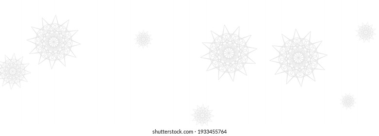 Ice Winter Snowflakes Christmas Composition. Horizontal Ornamental Stars Holiday Mandala Background. Print Santa White Silver Grey Sky Wallpaper. Frost Monochrome New Year Chaotic Snow Pattern.