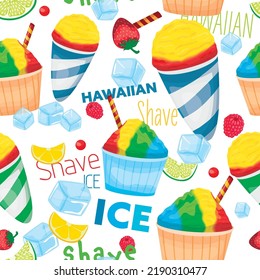 Ice-based dessert made by shaving a block of ice and flavoring it with syrup and other sweet ingredients. Seamless pattern. Editable vector illustration in bright cartoon style.