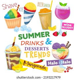 Ice-based desserts with blending ice, syrups and fruits. Refreshing drinks collection. Trendy summertime bar menu. Traditional hawaiian, mexican, japanese food. Vector illustration in cartoon style.