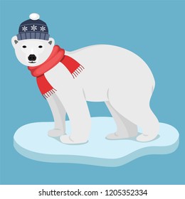 Icebear with red scarf and blue winter cap flat design isolated on white background